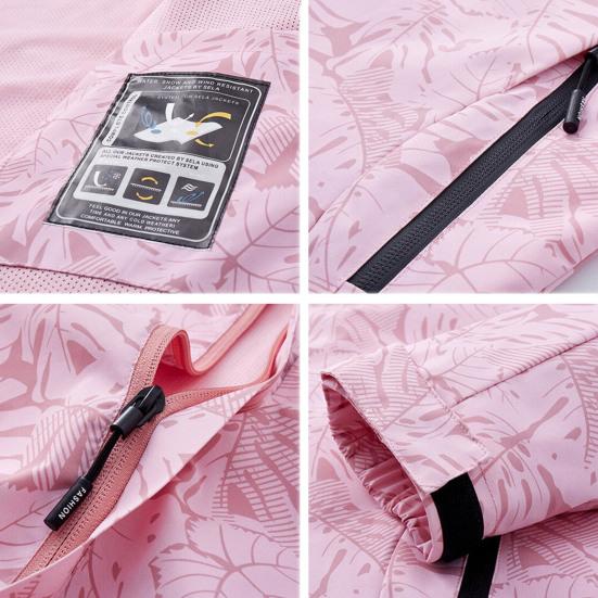 Women Jacket Stand Collar Detachable Hood Long Sleeve Casual Coat with Pockets Maple Leaves Print Zipper Placket Outwear