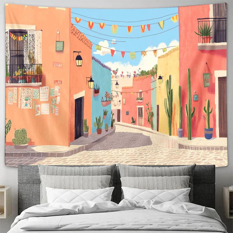 Colorful Mexican Street Scene Wall Tapestry Machine Washable All Season Decor Art Print Vibrant Desert Town Design Home
