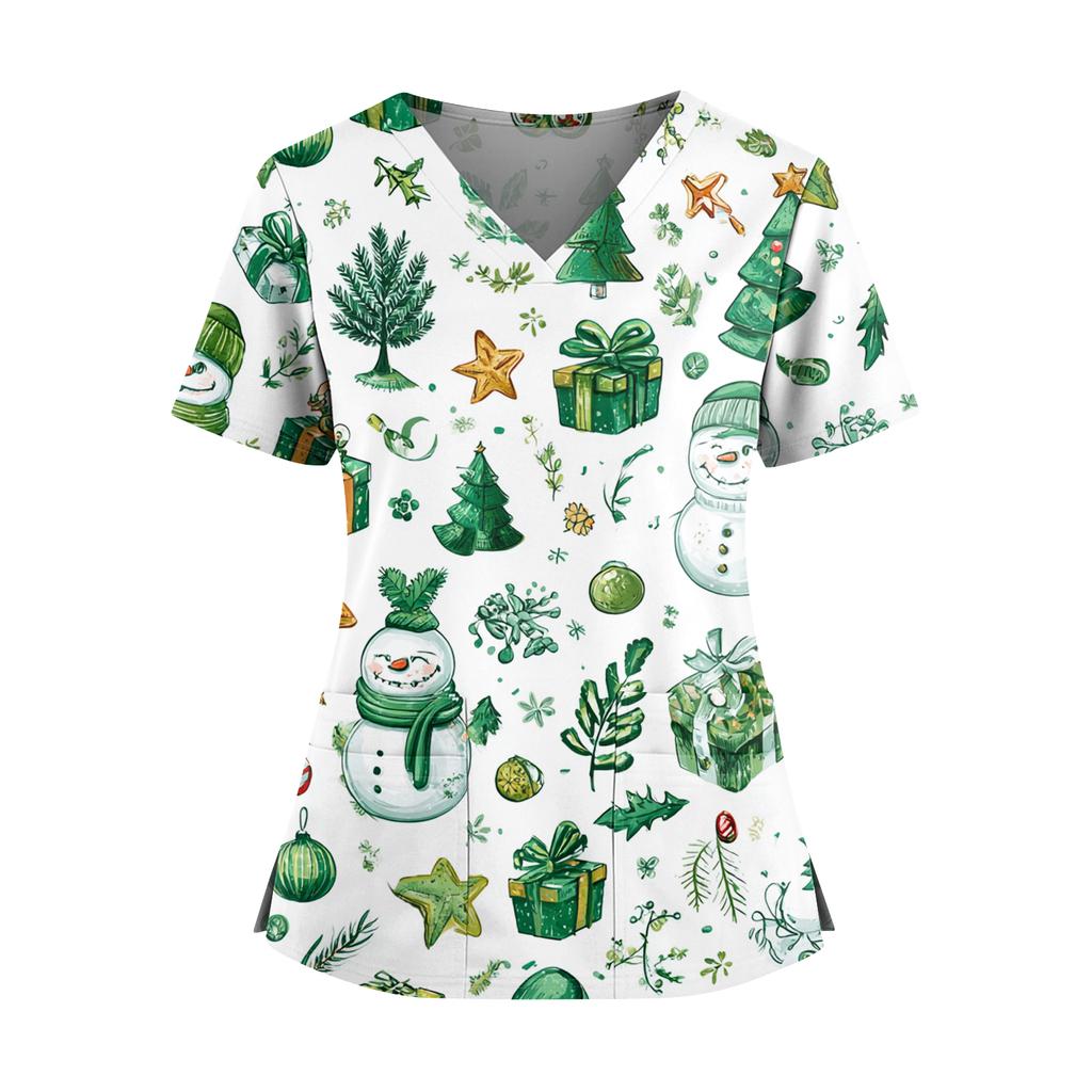 Women's Christmas Print V-Neck Double Pocket Short Sleeves Hem Slit Uniform And Caregiver Top