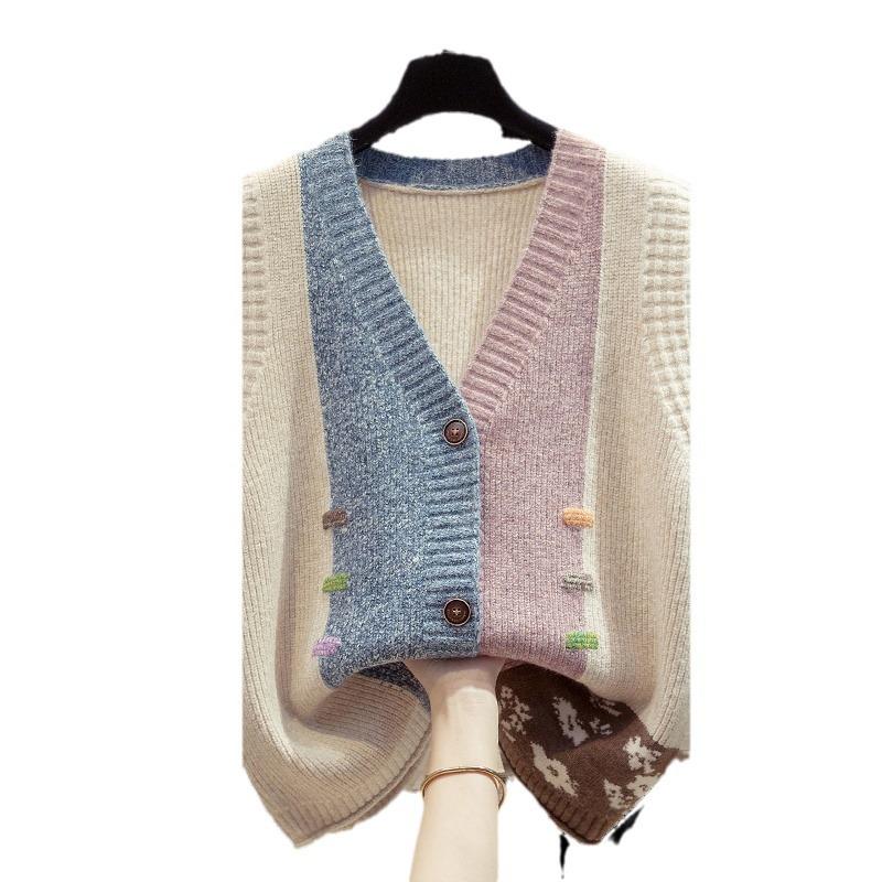 Female V-neck Knitted Vest Spring and Autumn Loose Outerwear Tank Top Sweater for Women