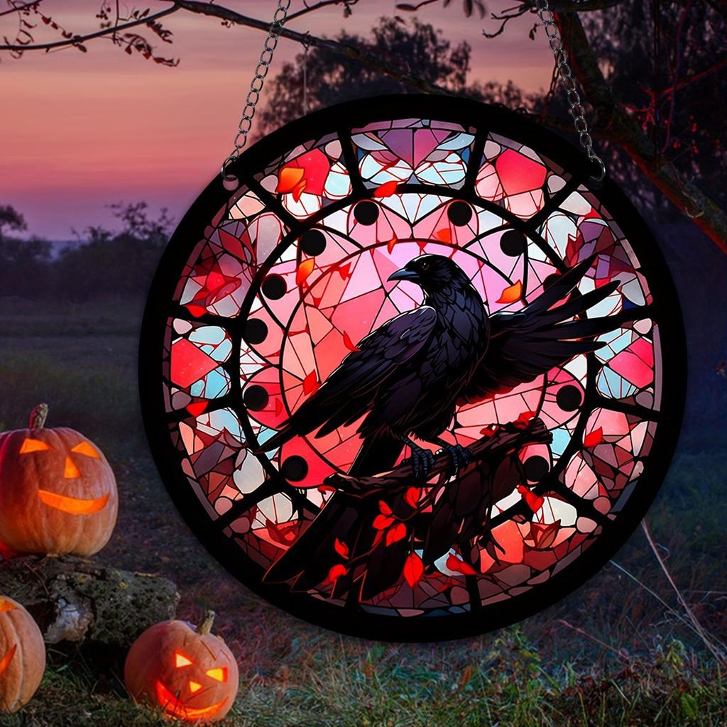 Raven Stained Glass Suncatcher Window Hanging Decoration Halloween Gothic Crow Glass Ornament for Window Home Kitchen
