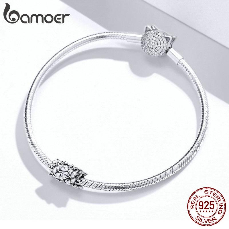 BAMOER 925 Sterling Silver Flower Beads for Women Charm Fit Snake Bracelet DIY Bracelet Fine Jewelry