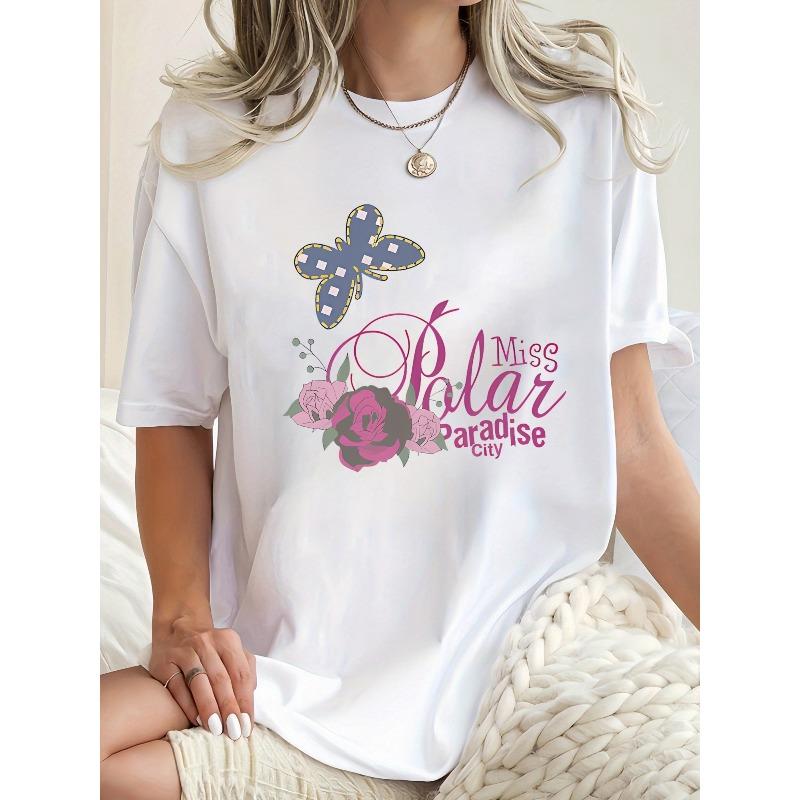 

European sizes Fashion Women S Sports Short Sleeve T-Shirt | Butterfly and Rose Pattern with Miss Polar Paradise City Text, Comfortable Crew Neck S белый