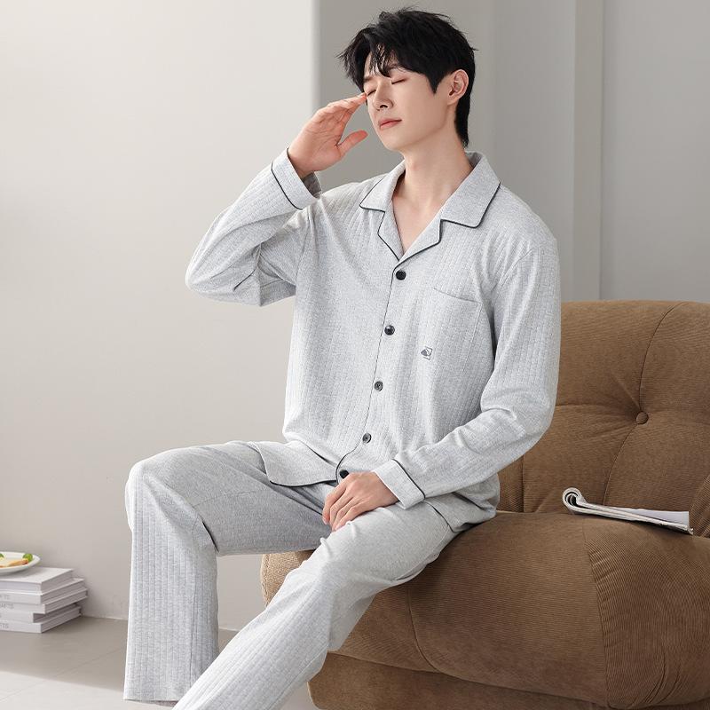 Men'S Pajamas Men'S Spring And Autumn Cotton Long-Sleeved Autumn And Winter Autumn Cotton Loungewear Set