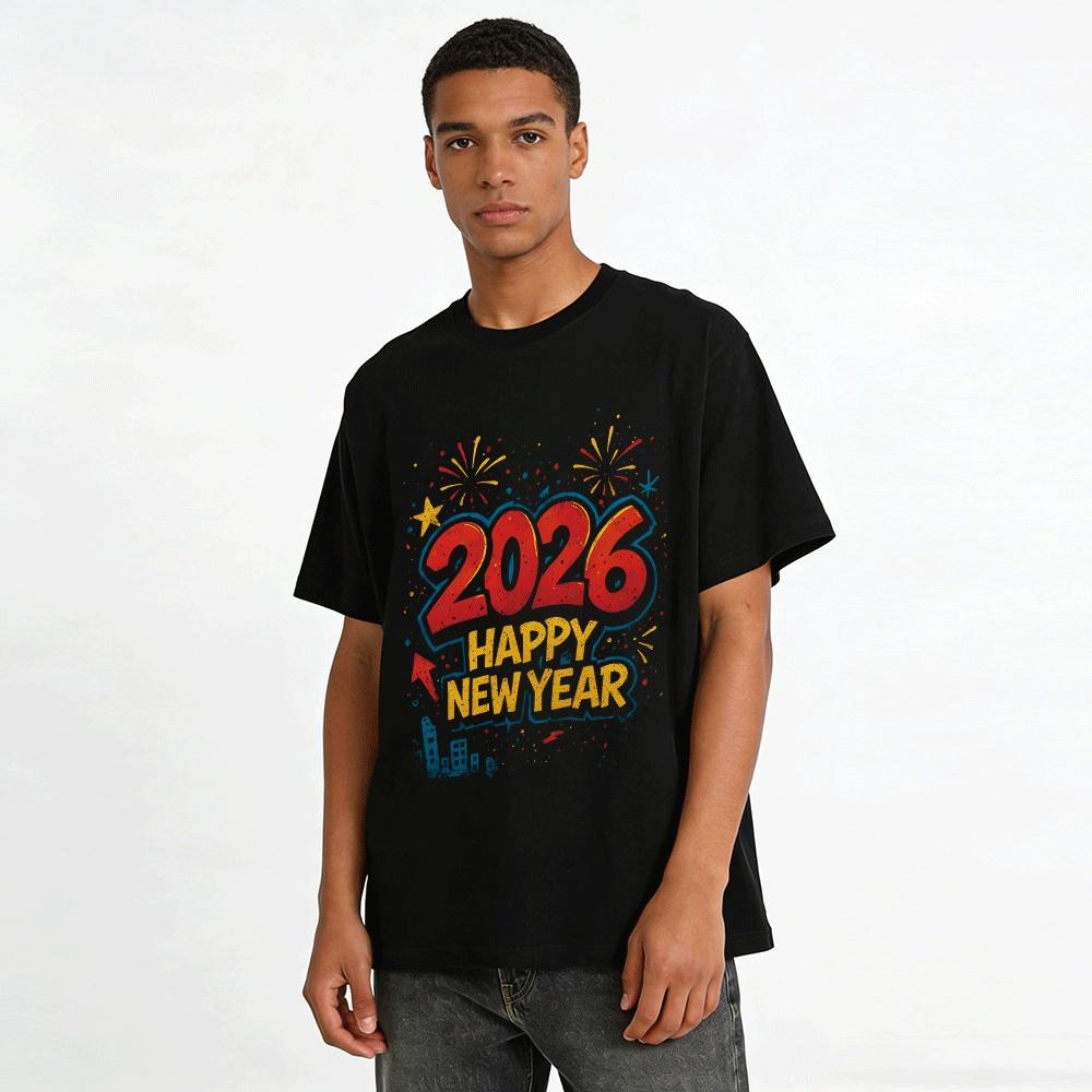 2026 Happy New Year Graphic Print Casual Festival Sweatshirt Pure cotton T-shirt