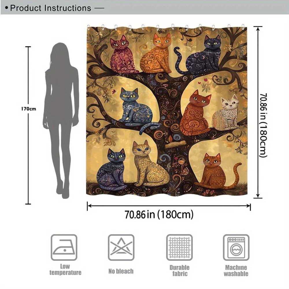 Whimsical Cats On Tree Branches Shower Curtain - 9 Unique Feline Designs, Golden & Black Swirls, 12 Hooks, Fantasy Bath Decor