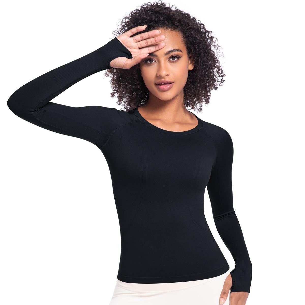 

Nessaj Футболки для йоги с отверстием для большого пальца Женские с длинным рукавом Спортивный фитнес-топ Быстросохнущая футболка для бега XL чёрный