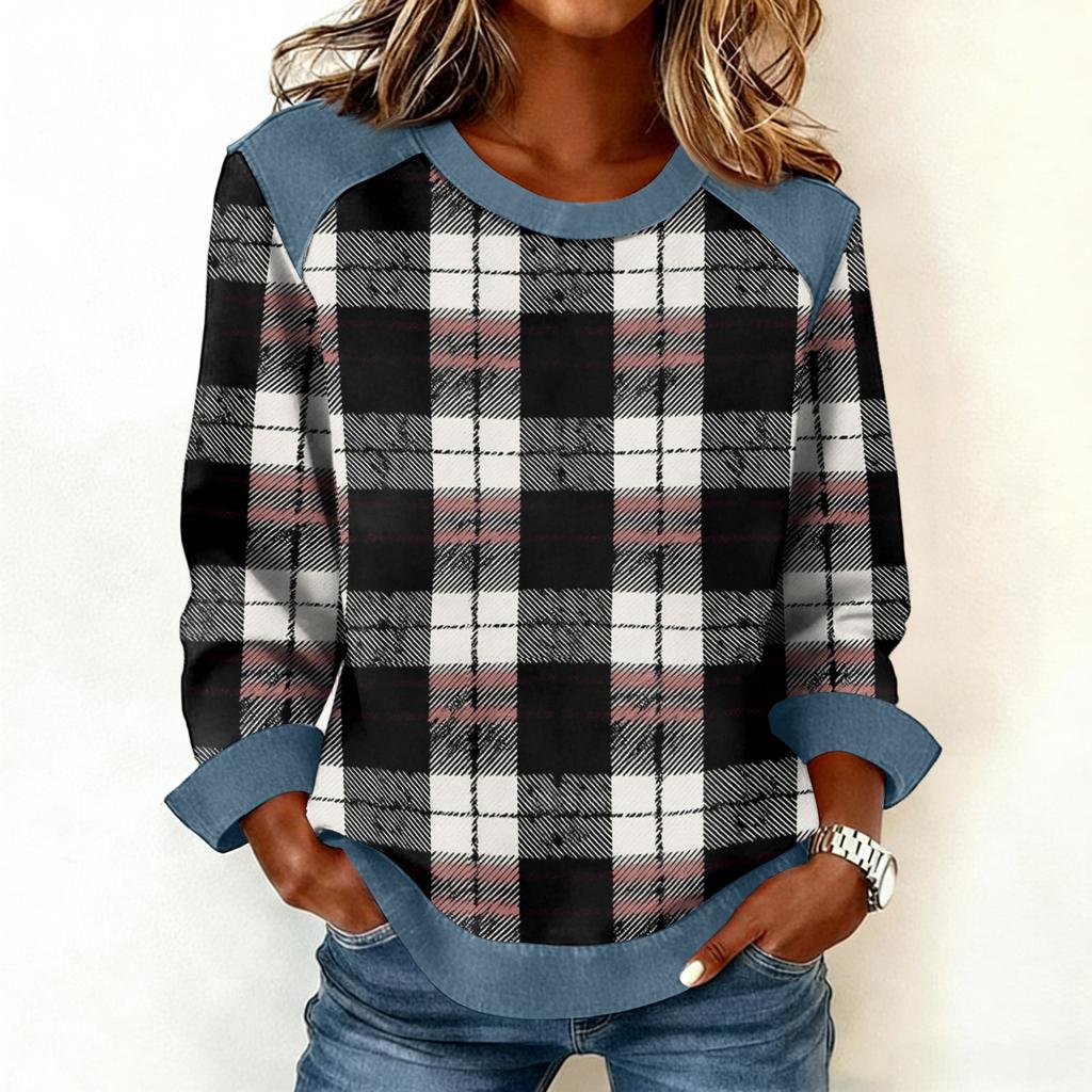 Women Denim Collar Patchwork Stitching Sweatshirt Casual  Pullover Long Sleeve Shirts