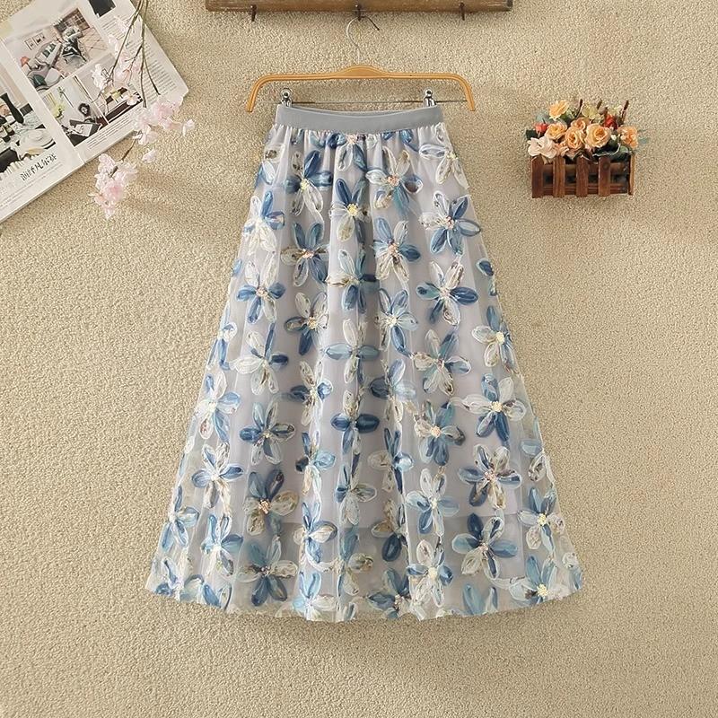 

Qooth Women Embroidery A Line Tulle Skirt Wide Hem Mid Length Elastic Waist Skirt Elegant QT2634 One Size синий/серый