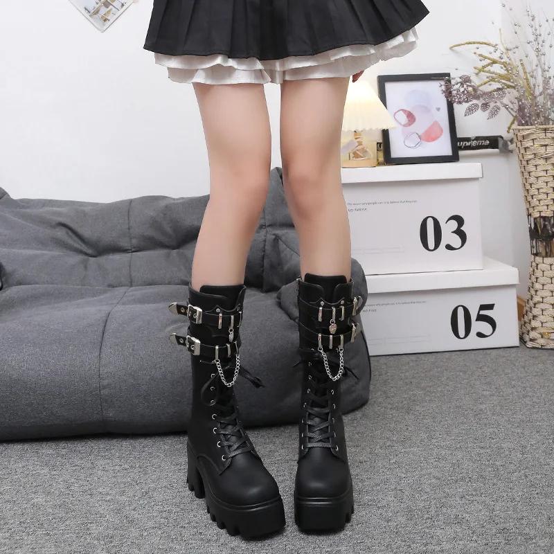 Fashion Women's Punk Gothic Boots 2025 Fashion Buckle Chain High Heels Mid Calf Boots Women Black Pu Leather Plus Size 42 Autumn Botas