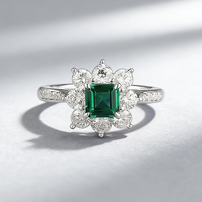 

Xian Can Jewelry S925 Silver Emerald Halo Flower Ring - Simple Classic Style Size 9