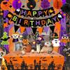 Halloween Theme Birthday Party Decorations,Happy Birthday Decorations with Paper Triangle Flag,Hanging Swirl Streamers,Honeycomb Ball,Tissue Paper