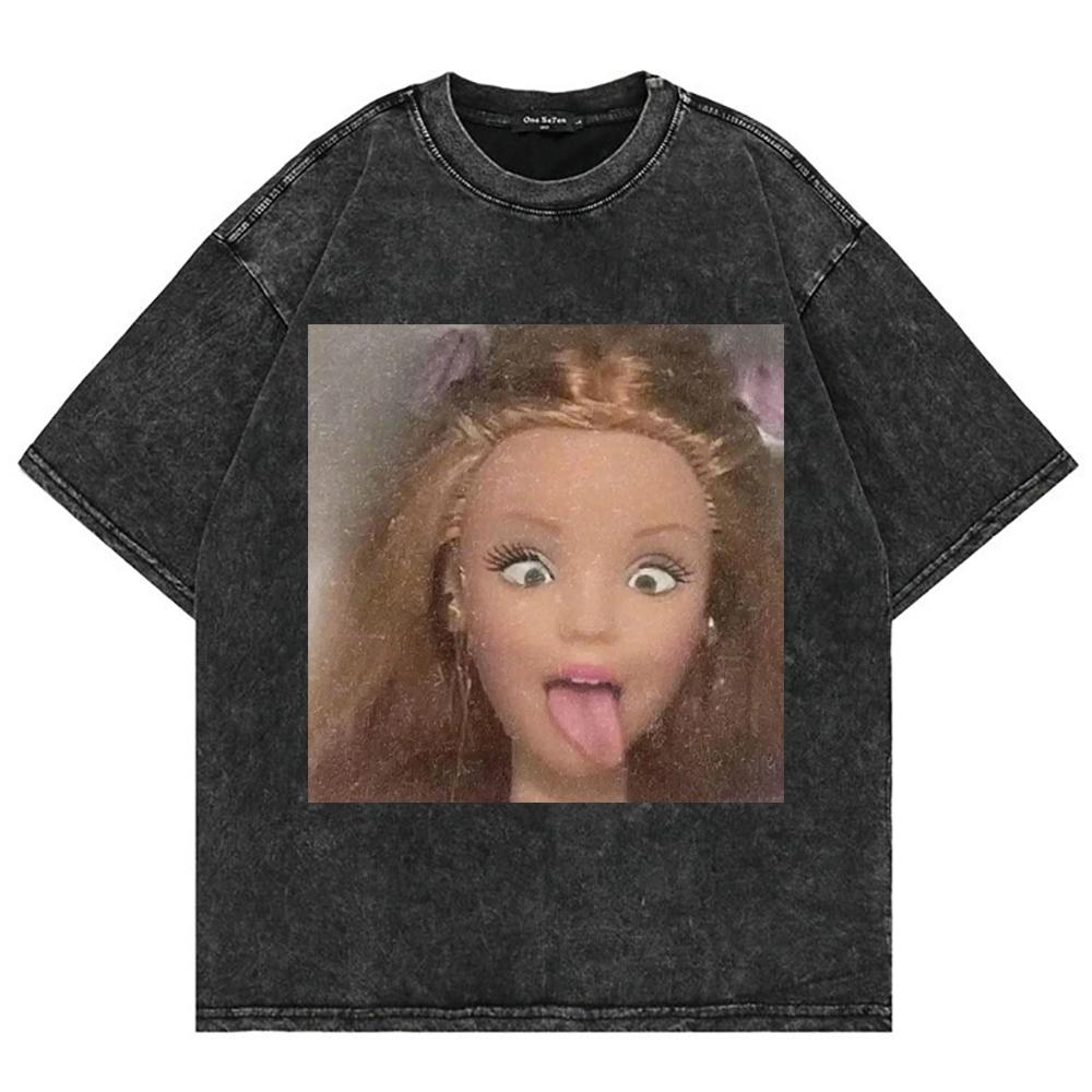 Cotton Vintage Washed Kawaii Disgusting Doll Face Funny Meme T Shirt  Fashion Menwomen Male Acid Wash Tees Vintage