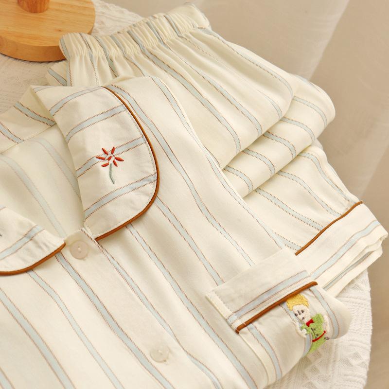 Spring and Summer New Women's Striped Pajamas Homewear Set Girls Summer Net Red Long-Sleeved Simple Pajamas Homewear Set
