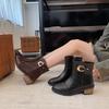 Paneled Booties  Spring and Autumn New Pointed Toe Side Zipper Metal Buckle Soft Sole Non-slip Block Heel Shoes