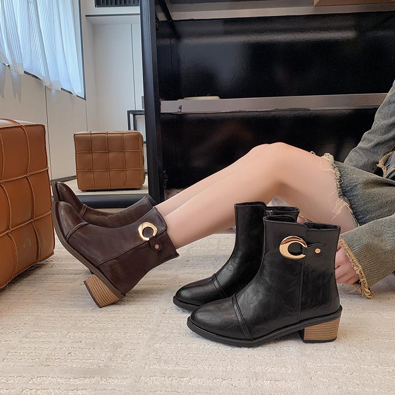 Paneled Booties  Spring and Autumn New Pointed Toe Side Zipper Metal Buckle Soft Sole Non-slip Block Heel Shoes
