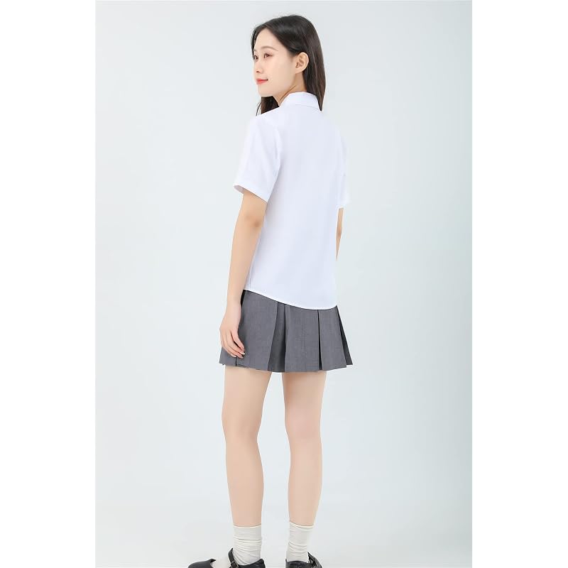 [Sharphon] Women's School Shirt, Short Sleeve, Pointed Collar, Plain Cotton Shirt, Top with Pocket