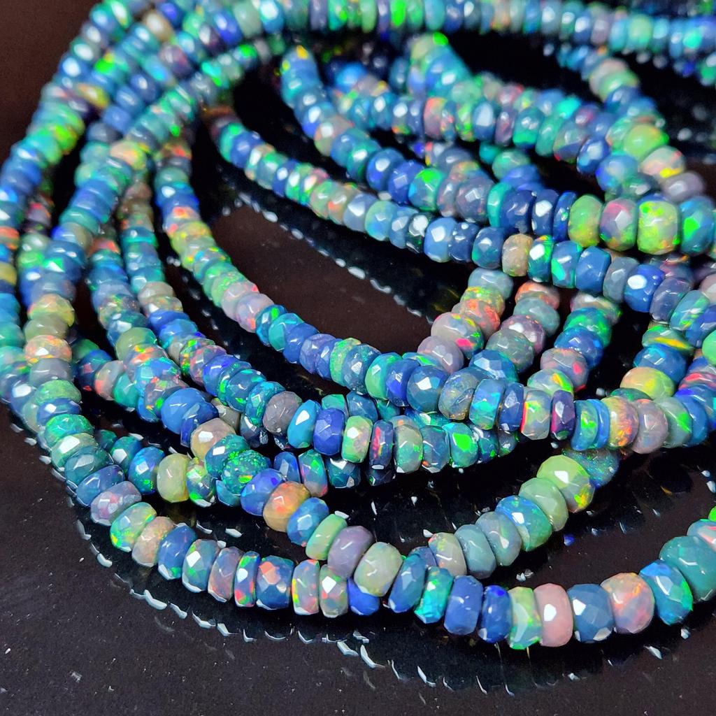 Faceted Rainbow Flashy Rondell Ethiopian Opal Beads, Healing Black Faceted Strand.