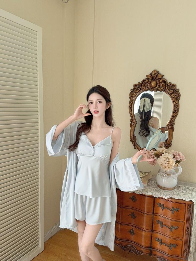 Summer Sexy V-neck Suspender Shorts Pajamas Three-piece Women's Sweet Ice Silk Cool Loungewear Ins Style