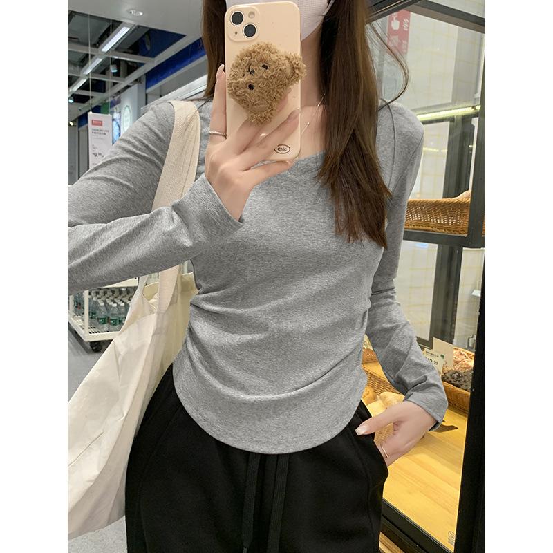 Irregular hem, right shoulder, V-neck, long-sleeved T-shirt for women in autumn, waist-cinching pleated inner layer, stunning base layer top