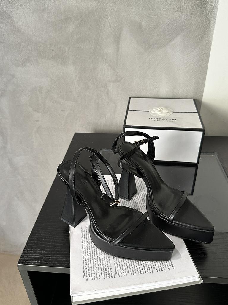 fashion Pointed Toe Women Sandals Platform Sandals Black White Silver Ankle Strap Thick High Heels Summer Slides Shoes Woman 35-39