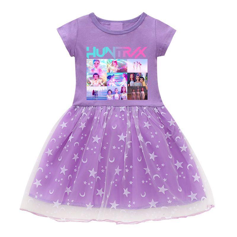 Children s Sweet Kpop Witch Hunt Group Dress, Summer Girl Princess Star Gauze Dress 110 фиолетовый