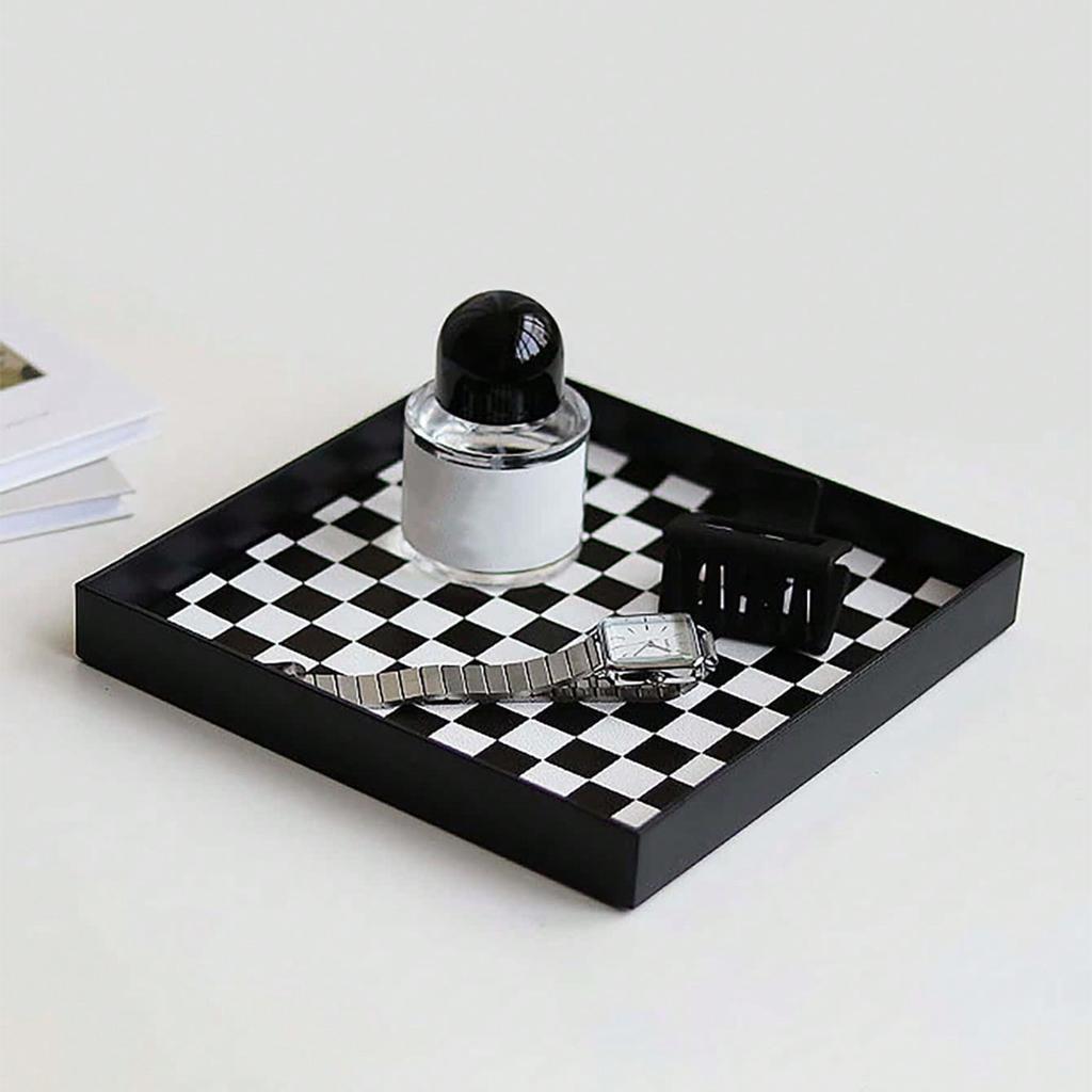 1pc-Desktop Storage Tray, Medieval Black and White Checkerboard Entrance Jewelry, Square Ornament