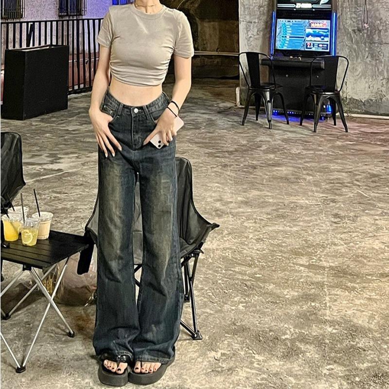 Retro Jeans for Women with Micro-flare Style Used for Old Washing Straight Trousers