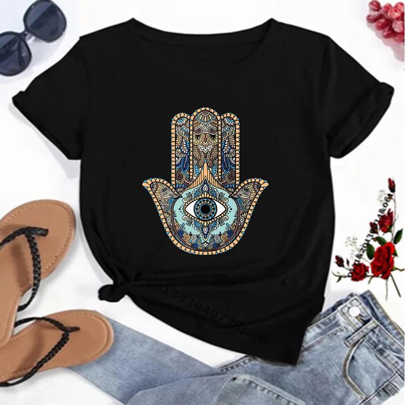 Camisetas con estampado de la mano de Fátima de Hamasa para mujer, camisetas Unisex Harajuku de la mano de Hamsa de la suerte, camisetas negras de manga corta para verano para mujer