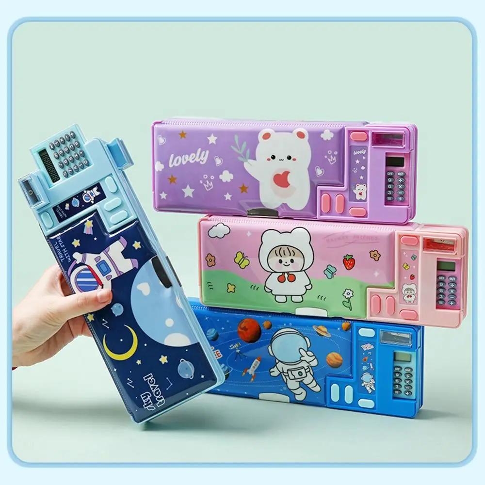 2025Double Layer Pencil Case Astronaut/Animal Design Pencil Sharpener Pencil Box Plastic With Calculator Stationery Organizer