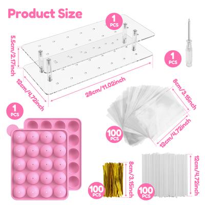 20-dutinková silikonová forma na cake pops s akrylovým držákem, lízátkovými tyčinkami, sáčky a vázacími páskami pro výrobu bonbonů, čokolády, dekorace na dort