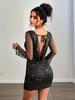 Women's Sexy Backless Sequin See-through Long Sleeve Slim Short Dress - Elegant Cross-border Design