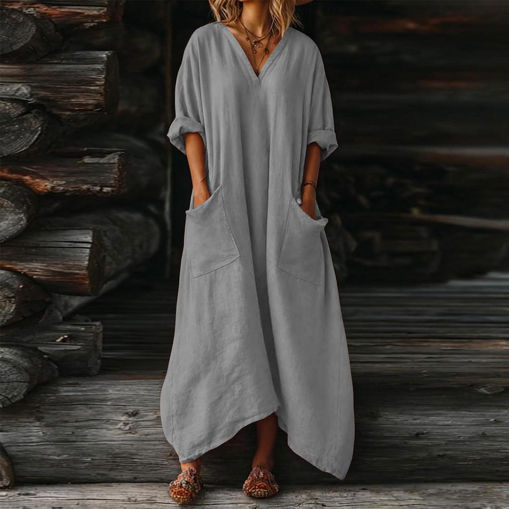 Women's Color V-neck 3/4 Sleeve Cotton Linen Loose Fitting Button Pocket Dress