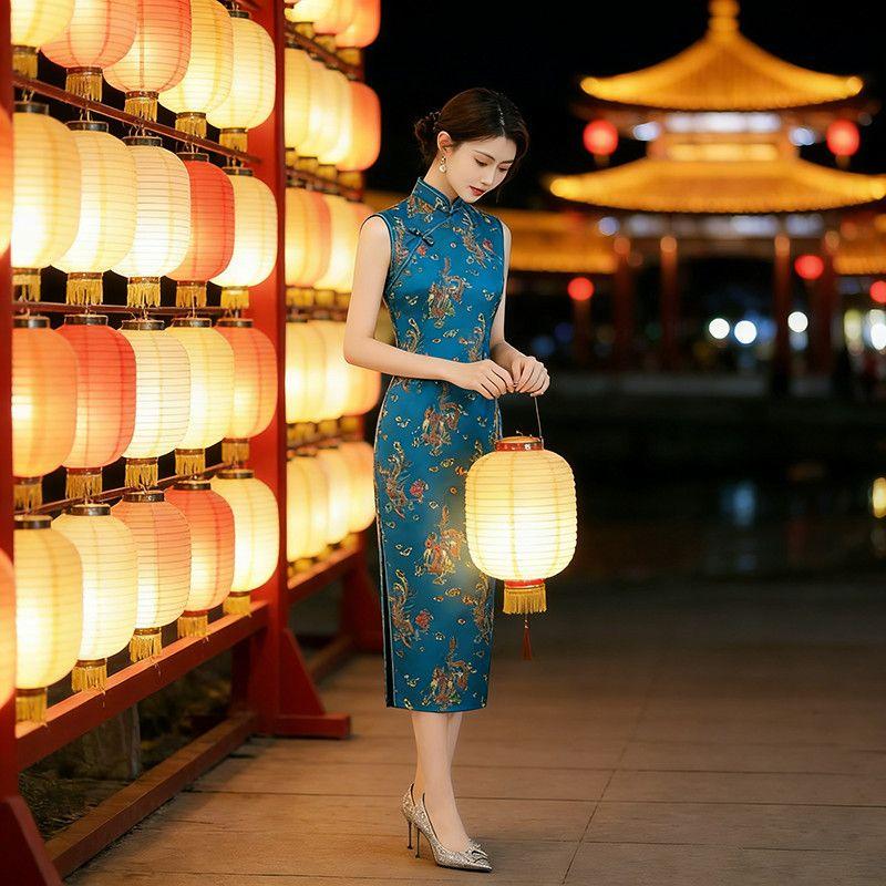 Women Sleeveless Modified Cheongsam, Vintage Floral Chinese Style Midi Qipao Dress, Elegant Formal Split Dress