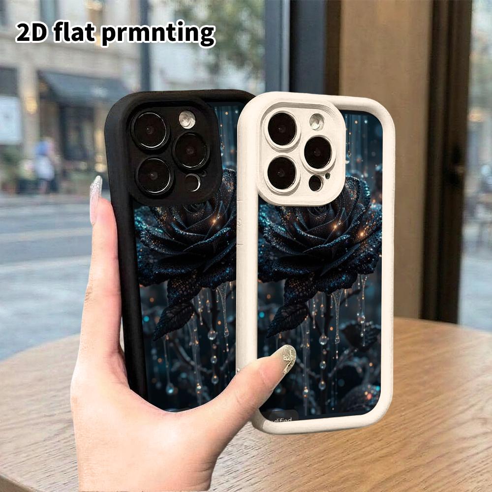 Phone Case: 2D Flat Design Suitable for iPhone 18 17 16 15 14 13 Pro Stepped Protective Case, Hollow Black Rose, Christmas and Halloween Gift