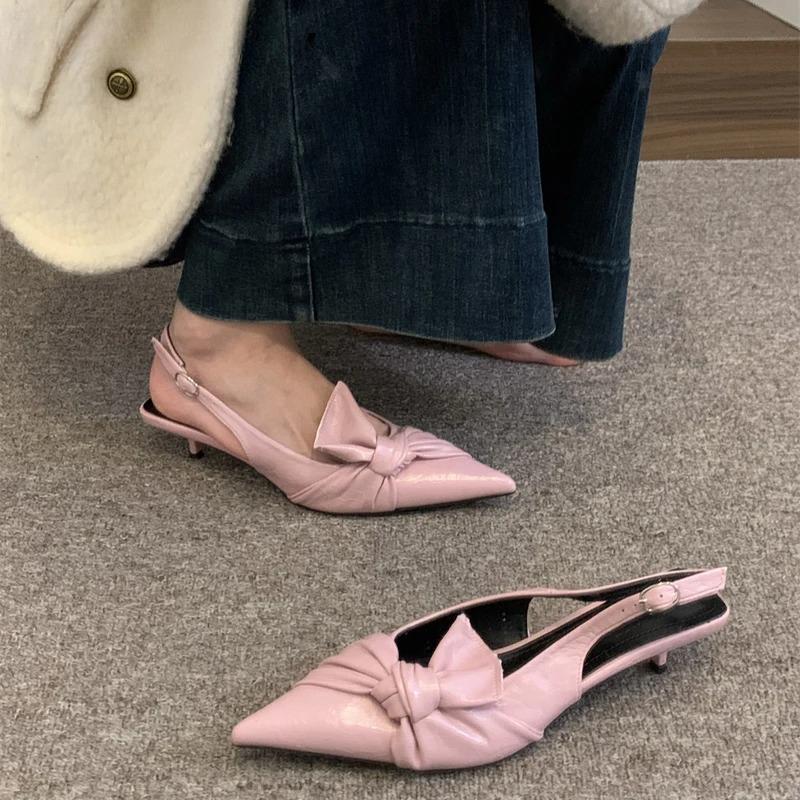 Summer Silvery Pointed Toe Women Sandals Fashion Butterfly-knot Singbacks Pumps Ladies Party Dress Low Heel Sandalias