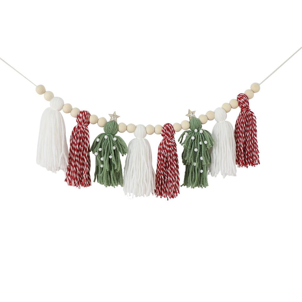 Tree Ornament - Nordic-Inspired Fleece Beads, Green & Pink Pom-Pom Tassels, Versatile Wall Decor for Holiday Celebrations