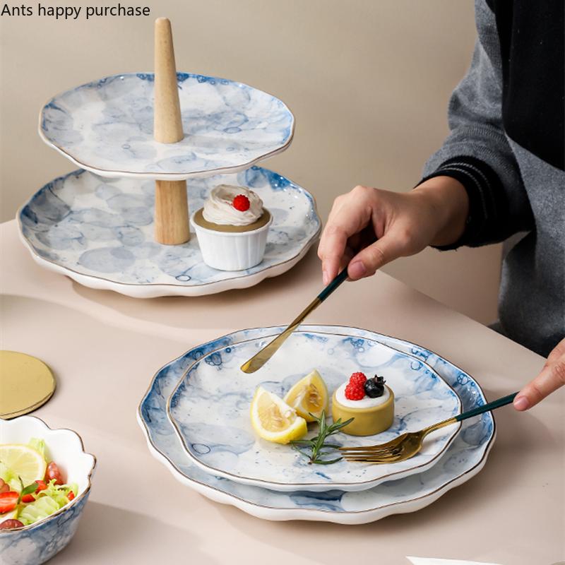 Ceramic Plate Dinner Plate Fruit Salad Bowl 2 Layer Cake Stand Tall Feet Cake Pan Display Stand Dessert Bowl Decorative Plates