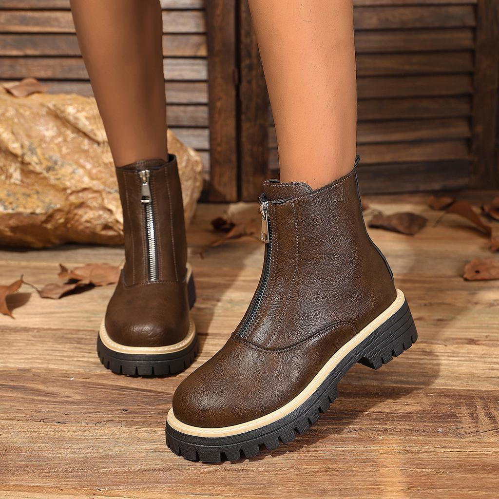 Herbst und Winter neue mittelhohe runde Zehe Martin Stiefel Kinder britischer Stil vorderer Reißverschluss große Größe Damen Kurzstiefel