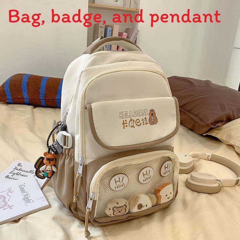 Capybara Color Blocked Letter Print Student Backpack With Pendant Badge And