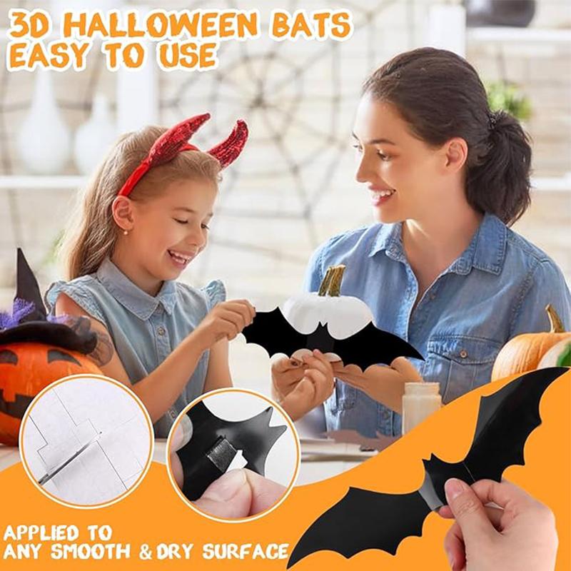 50Pcs/set Halloween 3D Black Bat Wall Stickers With Plastic Spiders for Home Room Decoration Scary Props Kids Party Supplies