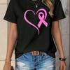 Women's Fashion Casual T-Shirt with Breast Cancer Awareness Heart Design, Crew Neck, Short Sleeve Tee for All Seasons