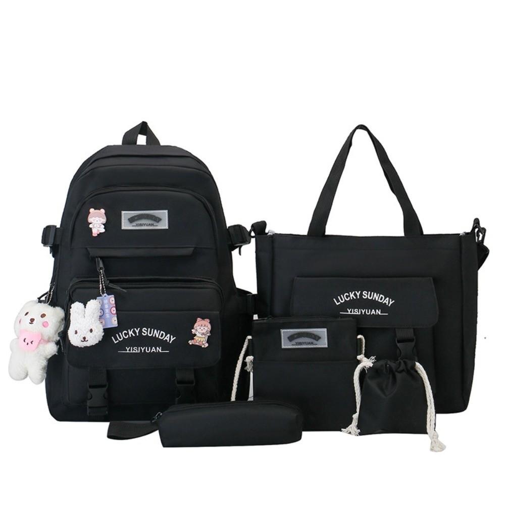 

5 Pcs Cute Large Capacity Backpack Set Multifunctional Buckle Crossbody Bag Breathable Coin Purse School чорний