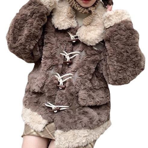 Winter new retro doll collar horn buckle splicing lamb wool thickened warm wool coat women