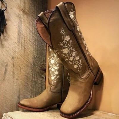 Fashion European and American Women's Boots 2024 Autumn New Round Toe Retro Embroidery Design Sense Anti Slip Women's Mid Leg Boots