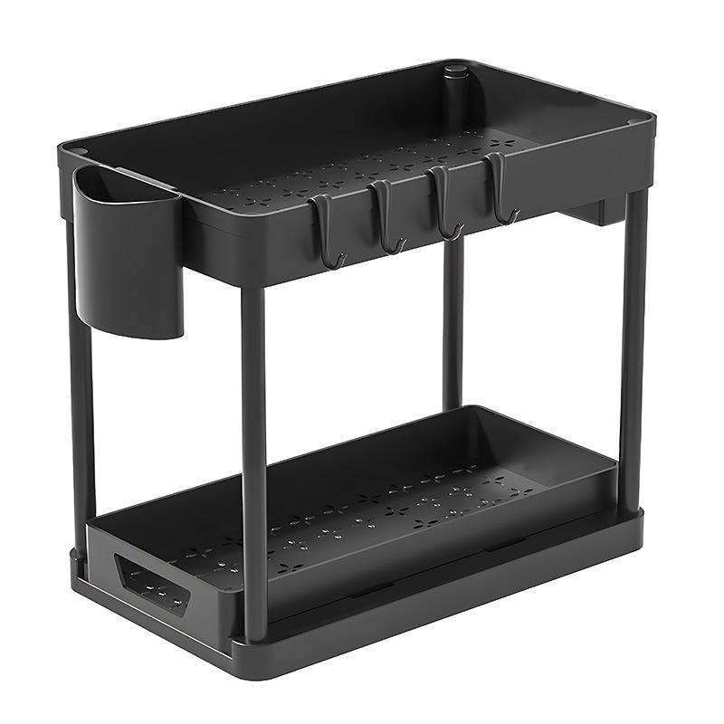 

2-ярусный органайзер Выдвижная корзина для шкафа Органайзер Стеллаж для хранения С крючками Подвесная чашка Органайзер для ванной комнаты кухни Под раковину чёрный