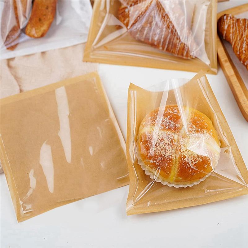 

100Pcs Heat Seal Bakery Bags, Grease Proof Kraft Paper Biscuit Packaging Cake Bags For Packaging Donut Dough Baked Goods-B61B