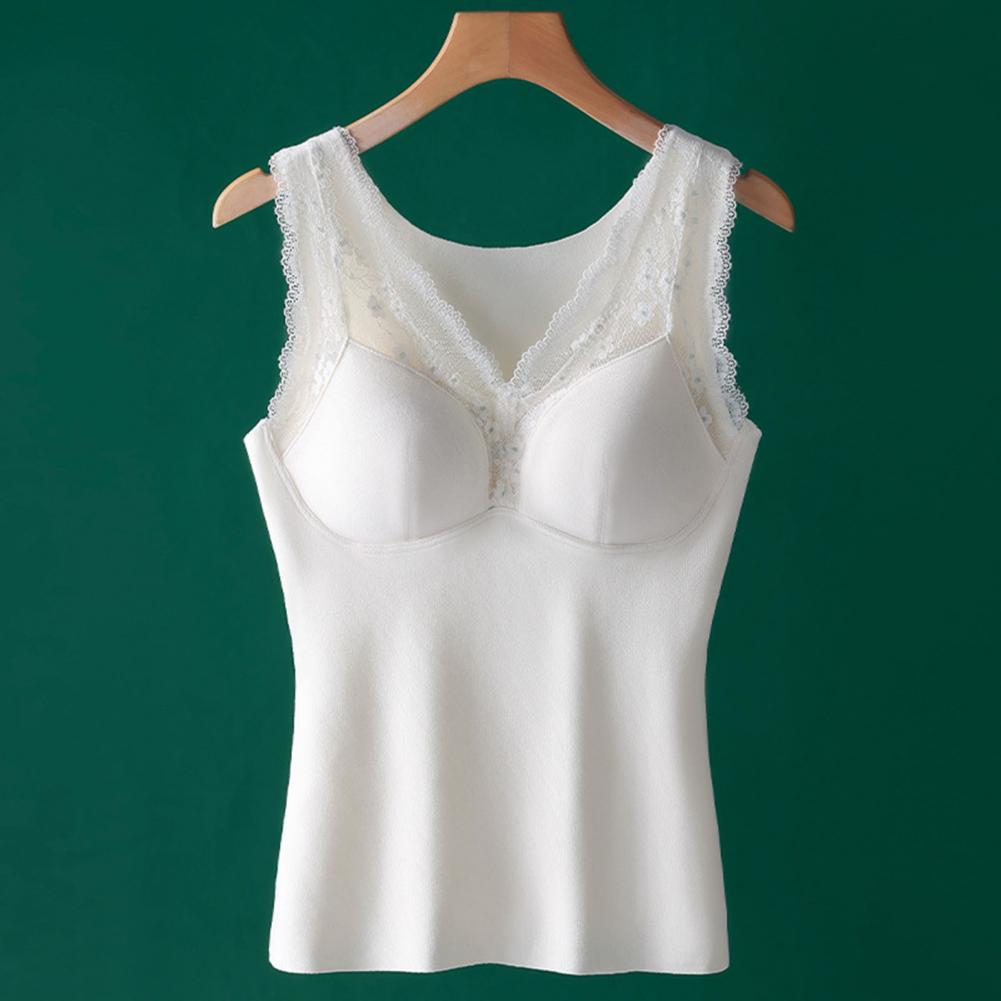 Winter Women Thermal Vest with Chest Pads Seamless Lace Fast Temperature Lock V Neck Slim Fit Elastic Sleeveless Inner Wear Bott