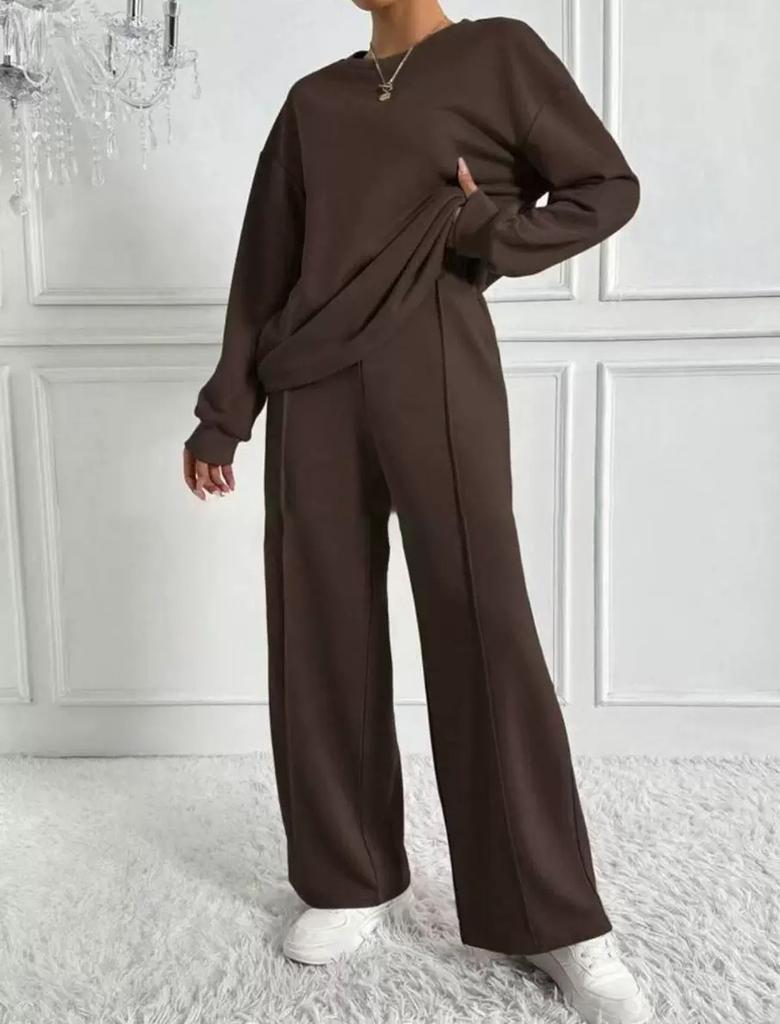 Women's Light Brown Relaxed Fit Round Neck Long Sleeve Top and Wide Leg Pants Lounge Set