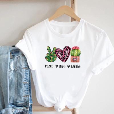 (Tamaño asiático)Camiseta con estampado de Cactus para mujer, camiseta bonita con estilo de planta, camiseta a la moda, ropa informal, camiseta gráfica de manga corta